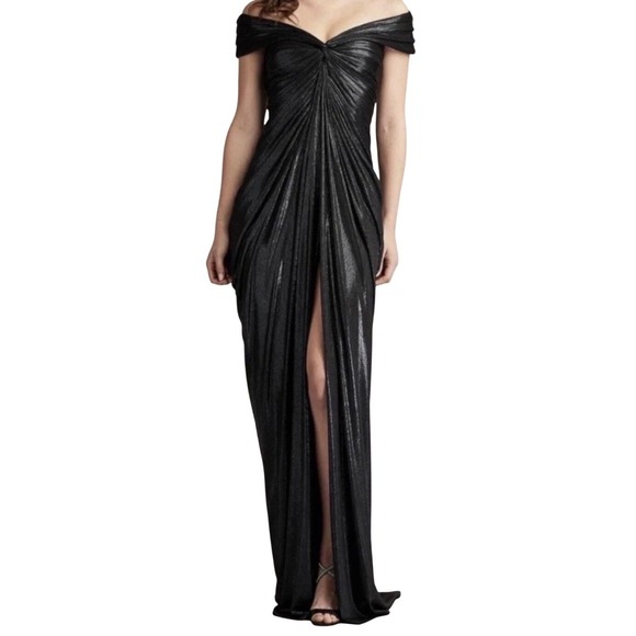 Tadashi Shoji Black Off The Shoulder Ruched Metallic Dress L Gown Gala New - Picture 1 of 8